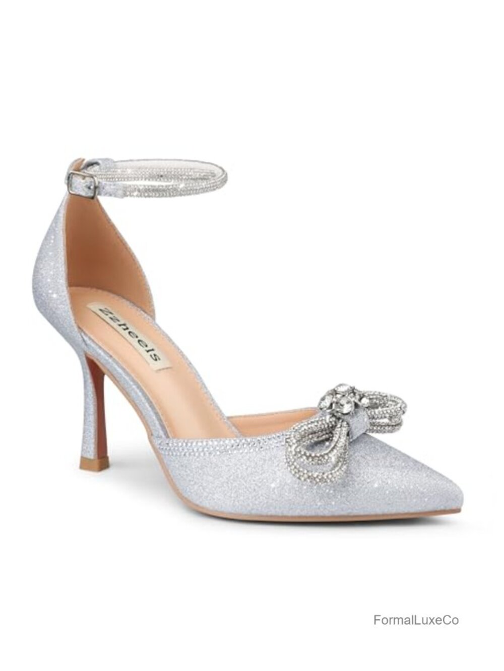 Rhinestone Bow Ankle Strap Pointed Toe Pumps 3.5 Inch Stiletto Heels